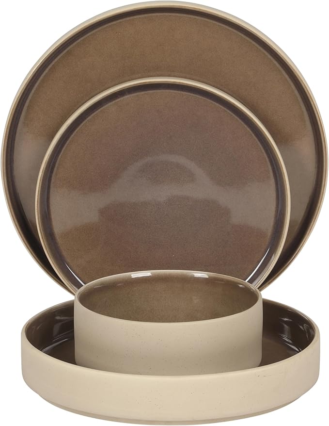 Gibson Elite Liberty Bay 16-Piece Pottery Clay Stoneware Dinnerware Set – Mocha Brown Reactive Glaze, Stackable Plates and Bowls W/Pasta Bowl, Service for 4 – Microwave & Dishwasher Safe