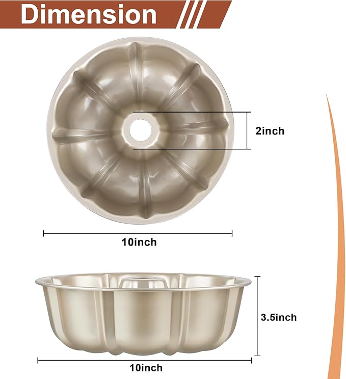 Homikit Fluted Cake Pan 10 Cups, 10 Inch Heavy Duty Carbon Steel Tube Round Pans for Baking Meatloaf Jello Angel Food Cake Monkey Bread and More, Nonstick & Easy Release, Gold