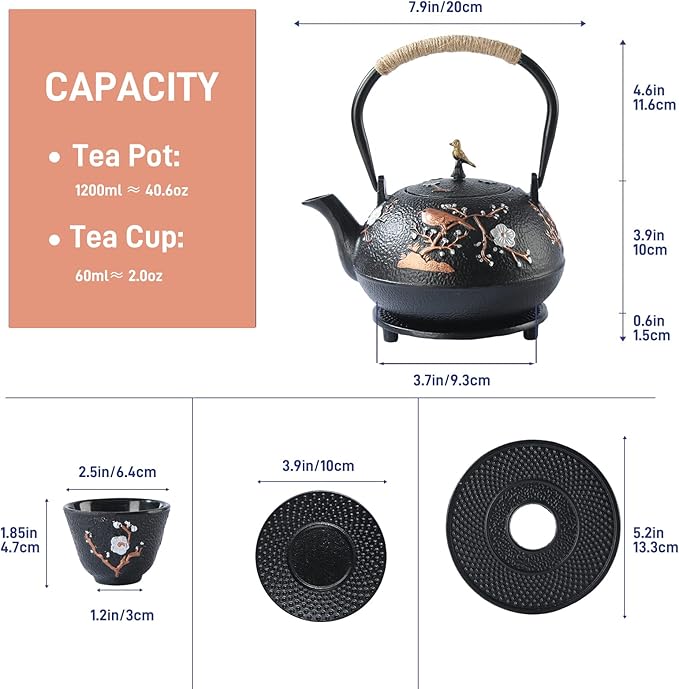Tea Set Tea Kettle Japanese Style Beautiful Black Cast Iron Teapot Set with 4 Cups,4 Cup Mats,1 Trivet and 1 Lid Holder,40.6oz Teapot with Infuser for Stove Top Safe