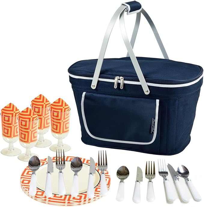 Picnic at Ascot Patented Collapsible Insulated Picnic Basket Equipped with Service For 4- Designed and Assembled in USA