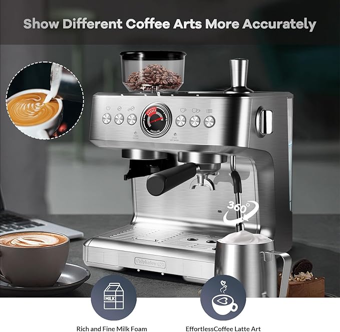 PeakPursuit Espresso Machine, Grinder, 20 Bar Semi-Automatic Coffee Maker with Milk Frother Steam Wand, PID Temperature Control, 2.8L Water Tank,Home Espresso Coffee Maker for Latte, Cappuccino