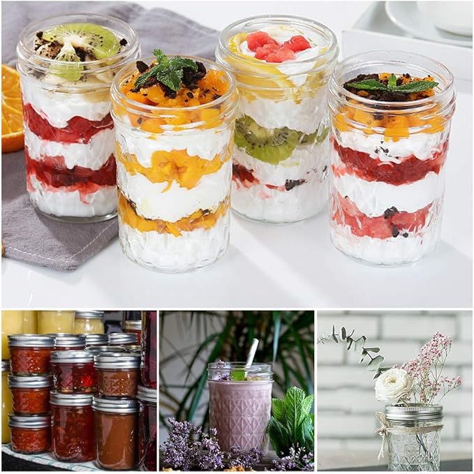 SPANLA 12 Pack Glass Mason Canning Jars With Regular Lids, Ideal for Jam, Jelly, Honey, Wedding Favors, Shower Favors, Baby Foods DIY Spice Jars - 4 OZ x 4, 8 OZ x 4, 12 OZ x 4