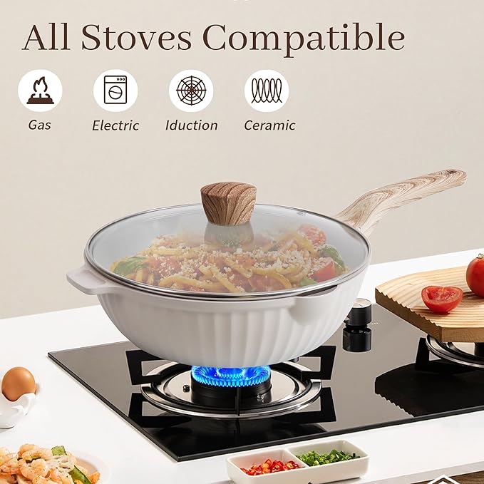 Pots and Pans Set Non Stick, 13Pcs Kitchen Cookware Sets, Granite Stone Induction Cookware Non Stick Cooking Set w/Frying Pans, Saucepans, Sauté Pan (PFOA Free), Cream White