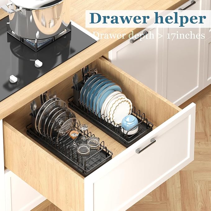 Small Sink Dish Drying Rack with Drainboard and Utensil Holder, Rustproof Compact Dish Drainer Plate Organizer for Kitchen Countertop & Over The Sink, Black