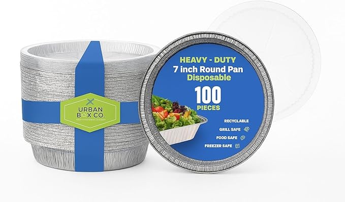 7” Round Aluminum Foil Pans - 100 Pack with Clear Plastic Dome Lid | Disposable Deep-Sided Baking Pans, Ideal for food storage, Baking, Grilling, Cooking, Catering & Prepping. (100, with Dome Lid).