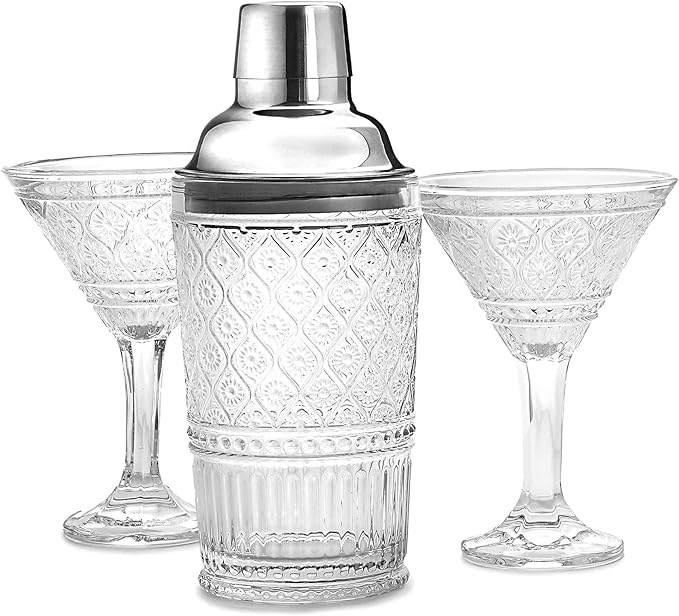 Godinger Cocktail Shaker and Martini Glasses Barware Gift Set, Martini Shaker and 2 Cocktail Glasses Set, Vintage Decor, Claro Collection