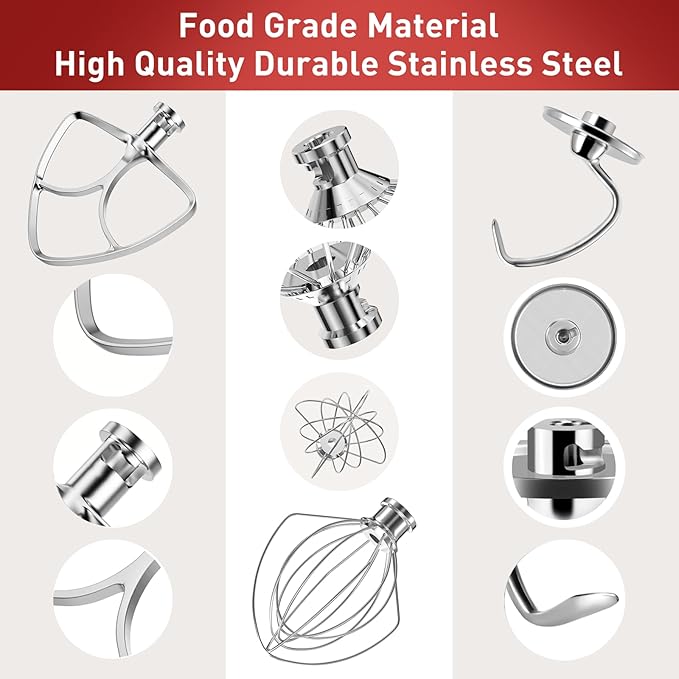 Stainless Steel Stand Mixer Attachments 3-Piece (4.5-5QT Flat Beater, 4.5-5QT Dough Hook, K45WW 6-Wire Whip Attachment) for KitchenAid Tilt-Head Stand Mixer and 4.5-5 Quart Bowl, Dishwasher Safe
