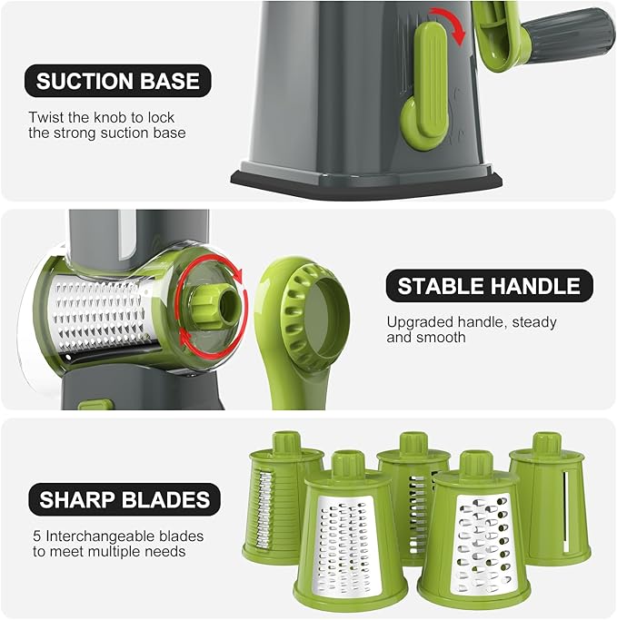 Ourokhome Rotary Cheese Grater Cheese Shredder, Mandoline Vegetable Slicer with 5 Interchangeable Blades and Strong Suction Base for Fruit, Vegetables, Nuts Grey