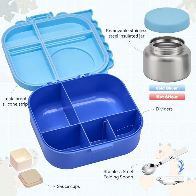 Bento Lunch Box with Thermo, 4-Compartment Bento Box with Adjustable Dividers, Leakproof Dinosaur Lunch Box with 14.2OZ Insulated Food Jar & Sauce Jar, for School Office Travel (Blue)