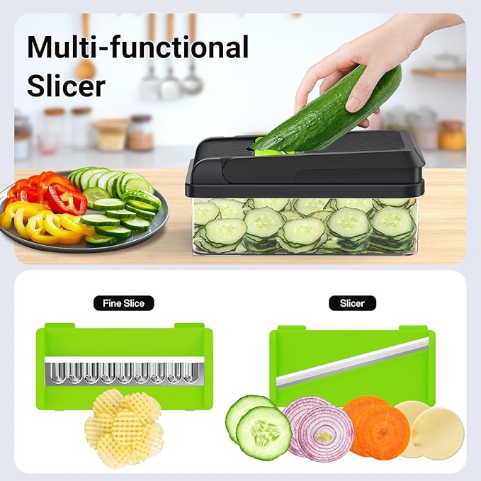 12-in-1 Vegetable Chopper, Kitchen Gadgets with 7 Blades, Veggie, Food, Onion Chopper, Cucumber Slicer, Versatile Mandoline, Includes Egg Separator & Finger Guard, Green