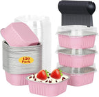 120pack/10oz Mini Cake Foil Pans with Lids,LNYZQUS 4”x4” Large Cupcake Pan Disposable Ramekins,Small Brownie Baking Cups Square Muffin Tin Cheesecake Containers Holders-Pink