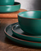 Famiware Mercury Plates and Bowls Sets, 12 Pieces Stoneware Dinnerware Sets, Dishes Set for 4, Microwave and Dishwasher Safe, Dark Green
