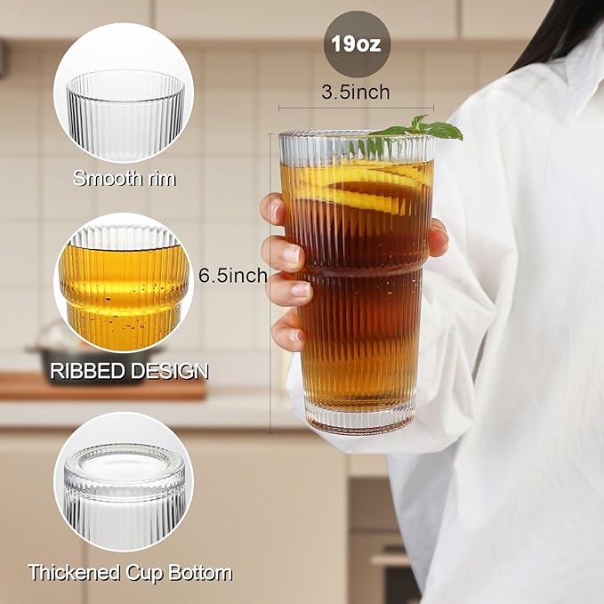 Drinking Glasses，19oz Ribbed Glassware,9 Pack Old Fashioned Glasses,Thickened glass for iced coffees, smoothies, cocktails and juices, perfect for families and parties (9)