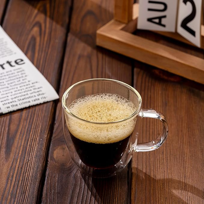 Double Wall Glass Coffee Mugs 5oz / 150ml, Set of 2 Insulated Mugs with Handles, Stylish Tazas de Cafe Con Estilo