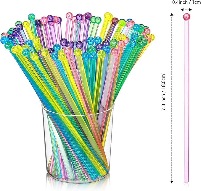 100 Pieces Disposable Plastic Round Top Crystal Swizzle Sticks (MultiColor)
