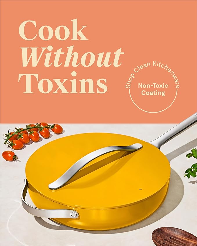 Caraway Nonstick Ceramic Sauté Pan with Lid (4.5 qt, 11.8") - Non Toxic, PTFE & PFOA Free - Oven Safe & Compatible with All Stovetops (Gas, Electric & Induction) - Marigold