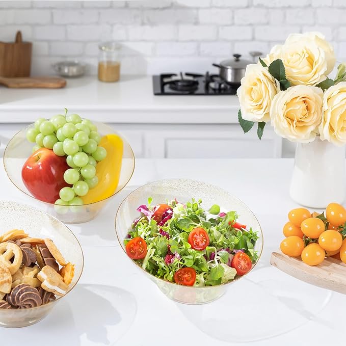 bUCLA 12 Pack Gold Glitter Plastic Serving Bowls - 20 OZ Disposable Snack, Fruit, Chip, Candy Angled Serving Bowls for Party
