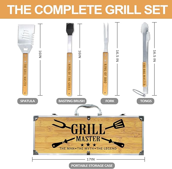 Grilling Accessories, Grilling Gifts for Men, Birthday Gift for Dad, Heavy Duty Wooden BBQ Grill Accessories Kit, Thick Stainless Steel Grill Utensils with Non-Slip Handle Tools in Portable Bag