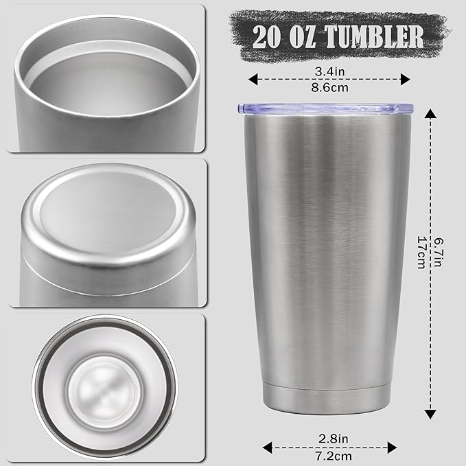 20 oz Tumbler Coffee Tavel Tumblers Bulk with Lid Stainless Steel Double Wall Vacuum Insulated Mug Powder Coated Cups fit Car Cupholder for Hot and Cold - Stainless Steel, 12Pack