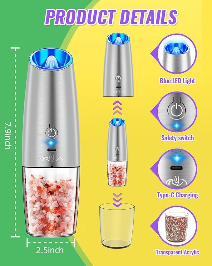 Rongyuxuan Upgraded Rechargeable Gravity Electric Salt and Pepper Grinder Set with LED lights,Stainless Steel Automatic Pepper or Salt Grinder Mill Shaker Refillable with Adjustable Coarseness,Sliver