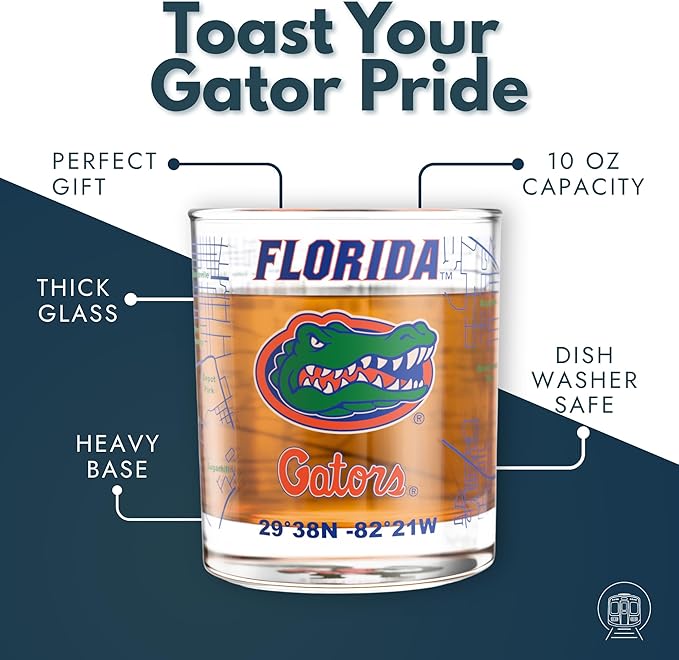 Greenline Goods – University of Florida Gators College Whiskey Glasses (Set of 2), 10 oz – Full-Color Logo + Campus Map