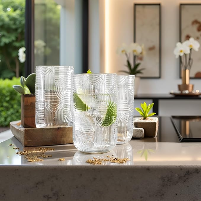 Glaver's Highball Glasses, 17 Ounce Embossed Designed Set of 4 Clear Kitchen Glassware For Home Bar Everyday Elegant Serving Coolers Urban Pattern Modern Drinking Glasses