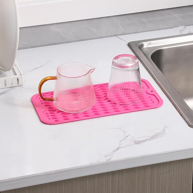 Silicone Dish Drying Mat for Multiple Usage,Easy clean,Eco-friendly,Heat-resistant Silicone Mat for Kitchen Counter or Sink,Refrigerator or Drawer Liner Rose S 12 inches x 6 inches
