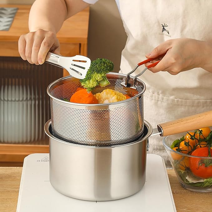 Pasta Strainer Set of 2, Stainless Steel Noodle strainer with Removable Handle Metal Pasta Strainer Basket Deep Fryer Basket, Kitchen Colander for Washing Draining Deep-frying Boiling Steaming