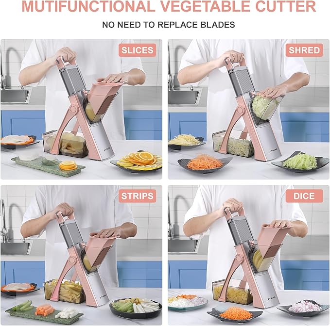 2025 [All in 1] Upgraded Version Safe Mandoline Slicer for Kitchen, Adjustable Thickness. Veggie Slicer, Rapid Prep Mandoline, Detachable Blade, with Cleaning Brush/Paring Knife (GrayPink)