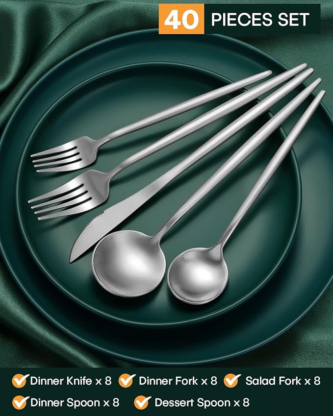 EUIRIO 40-Piece Matte Silverware Set, Modern Flatware Set Service for 8, Premium Stainless Steel Cutlery Set with Forks Spoons and Knives, Heavy Duty Kitchen Utensils Set, Dishwasher Safe