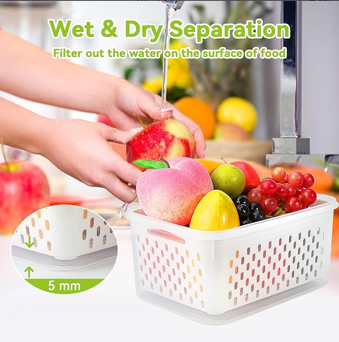 3 Pack Fruit Storage Containers for Fridge, Airtight Food Storage Containers with Removable Colander, Produce Saver Organizers Storage for Refrigerator, Keep Fruit Vegetable Meat Berry Fresh Longer