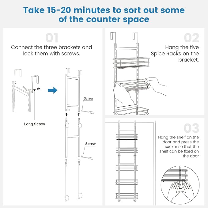 Adjustable 5-Tier Over the Door Pantry Organizer, Spice Rack, Narrow Hanging Shelf for Kitchen Storage and Organization