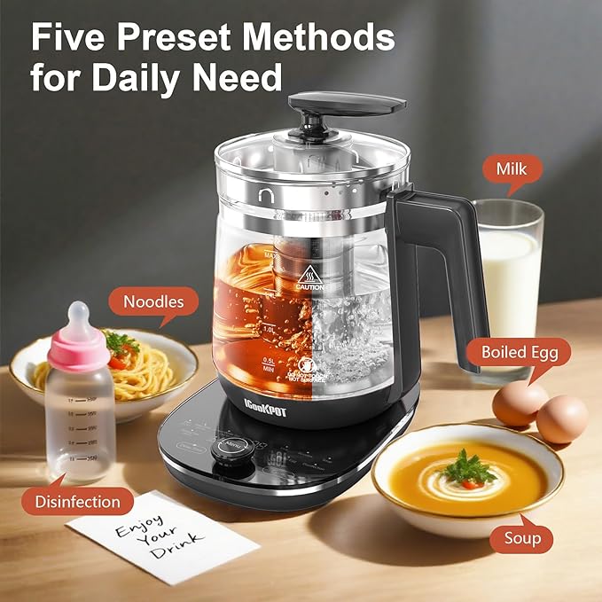 Glass Electric Kettle with Tea Infuser – 1.5L Stainless Steel, 1200W Rapid Boil, Temp & Programmable Control for Teas/Coffee – Black