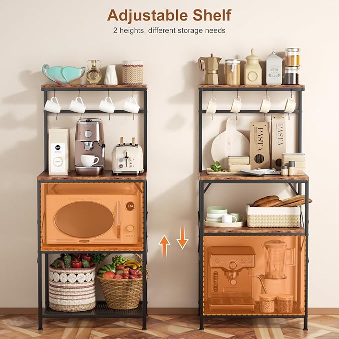 Kitchen Bakers Rack with Storage Shelves, Small Coffee Bar Cart with 8 Hooks, 4 Tiers Microwave Stand Station with Adjustable Shelves, Freestanding Kitchen Appliance Organizer, Rustic Brown
