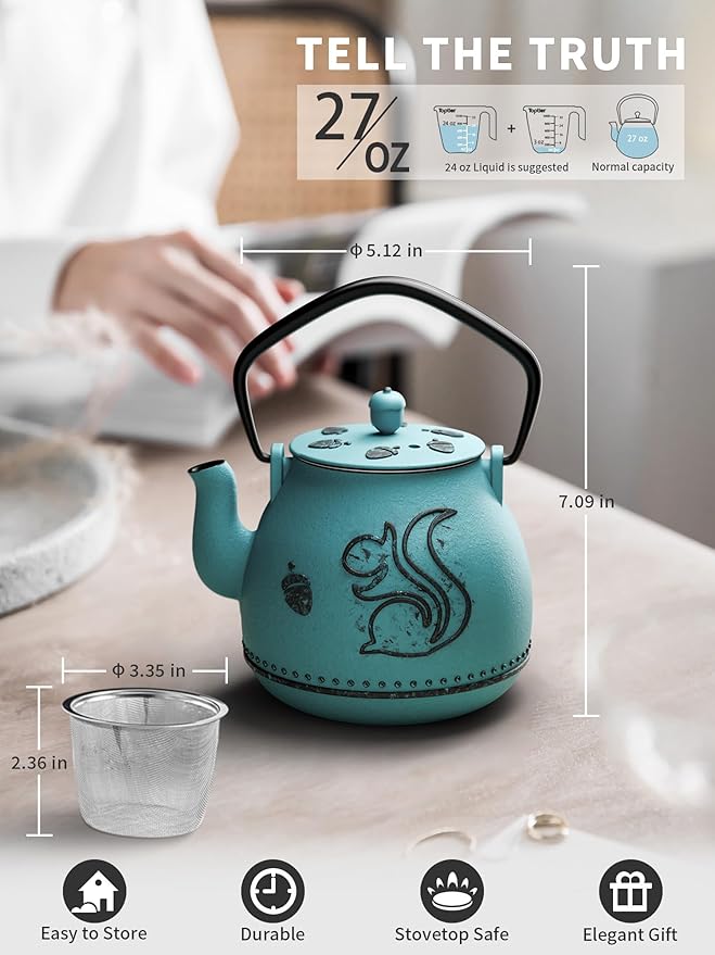 Toptier Teapot with Removable Infuser, Cast Iron Tea Kettle Stovetop Safe, Squirrel Design Tea Pot Coated with Enameled Interior for 32 Ounce (950 ml), Blue