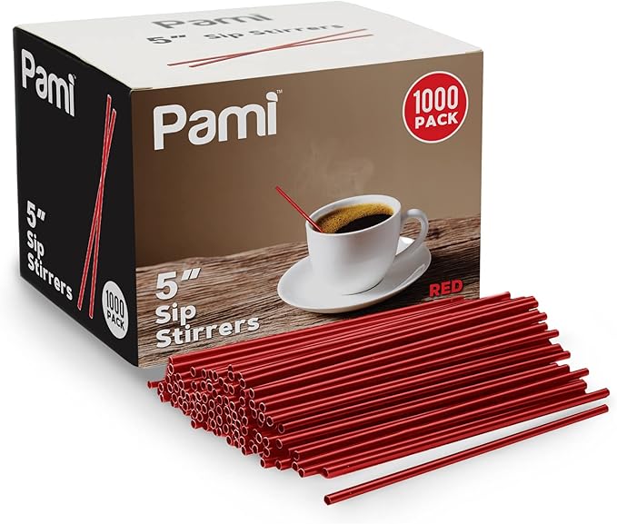 PAMI Disposable 5in Plastic Sip Stirrers/Straws, Value Pack of 1000 Stirring Sticks for Hot & Cold Drinks, Cocktail & Coffee Bar Stir Straws (Red One Size)