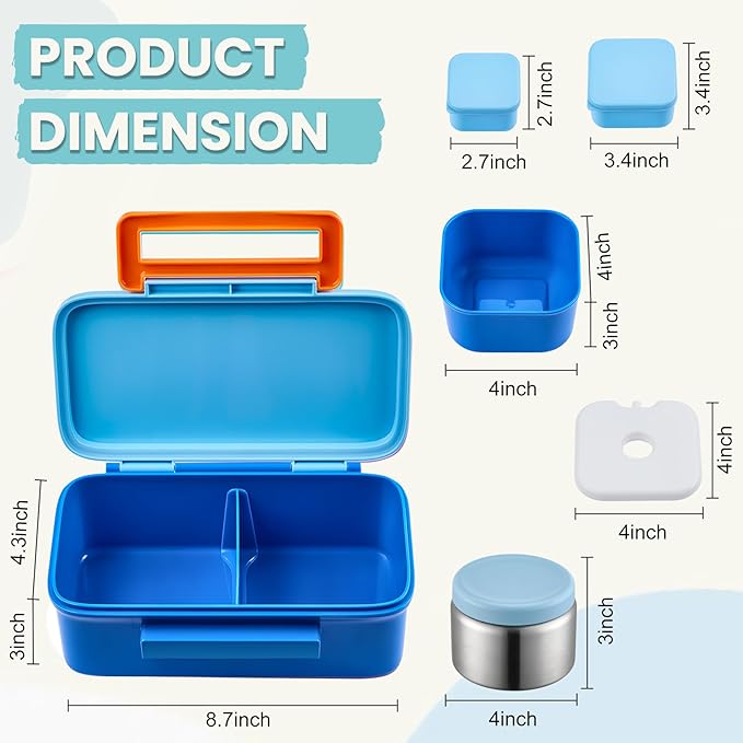 Kids Lunch Bento Box with Thermo Ice Pack Food Container with Insulated Lunch Bag, Insulated Water Bottle with Straw for Girls Boys, Blue