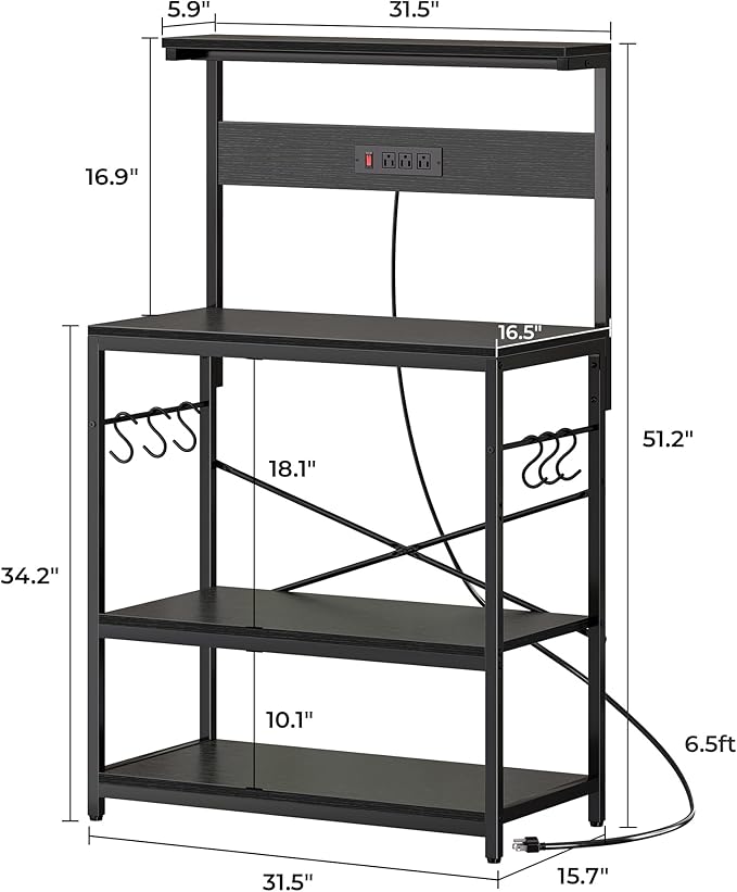 SUPERJARE Bakers Rack with Power Outlets, Microwave Stand, 31.5 X 16.5 Inch Larger Desktop, Kitchen Storage Rack with Adjustable Middle Shelf, 6 S-Shaped Hooks, Coffee Bar Stand, Black