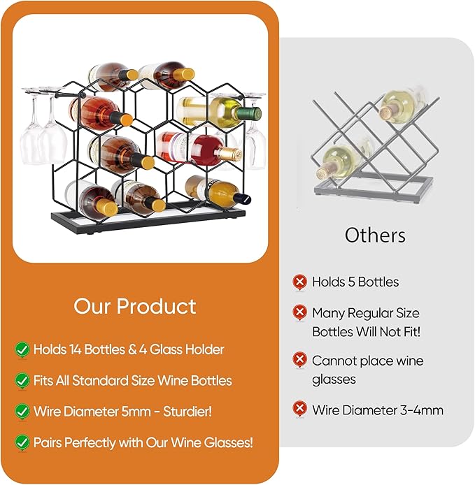 Countertop Wine Rack - 14 Bottle Freestanding Modern Black Metal Small Wine Rack - 3 Tier Small Tabletop Wine Bottle Storage Stand, for Kitchen,Bar,Cabinet.