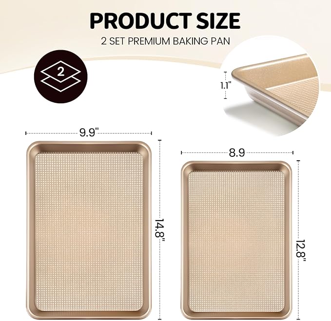 Vinino Baking Sheet Set of 2, Cookie Sheets For Baking with Square Texture Pattern, Thicker Carbon Steel Non-stick Baking Pan Quarter/Jelly Roll Pans Tray for Oven 15-GD