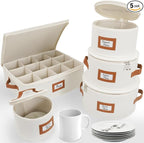 HOMELUX THEORY Hard Shell China Storage Containers, 5pc Ivory Mug & Plate Storage Box, Kitchen Storage Bins With Lids, Heavy Duty Moving Box with Handles for Dishes, Glassware, Stemware, Cup & Mug