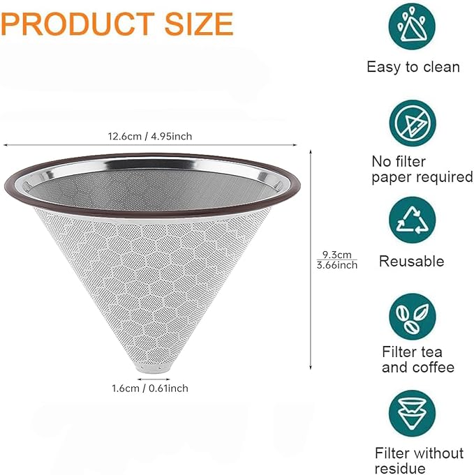 Reusable Coffee Filter, Cone Pour Over Coffee Filter Compatible with Hario V60, Chemex, Ovalware, Stainless Steel Coffee Permanent Filter, Coffee Dripper for Cuisinart Coffee Maker Filter and Brewer