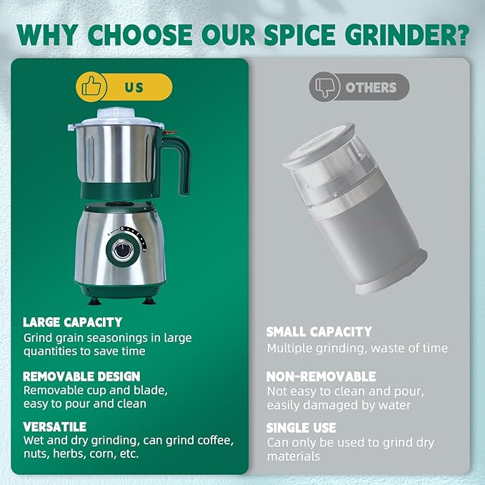 Spice Grinder Electric,Herb Nut Grinder for Kitchen,Detachable Espresso Grinder with Stainless Steel Blades,Filter and Brush, 500w Dry and Wet Grain Mill for Coffee,Rice,Bean,Seasoning(Green)
