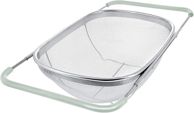 Over The Sink Colander, 6 Quarts Stainless Steel Oval Colander with Expandable Rubber Grip Handle, Fine Mesh Strainer Baskets Kitchen Colanders for Strain, Drain, Rinse Vegetables, Mint Green