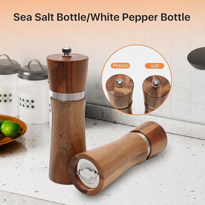 2 Pack Wood Salt and Pepper Grinder Set, Manual Mill, Kitchen Grinder Set, Refillable Salt & Pepper Mills Adjust for Customized Coarseness, 8 Inch Each