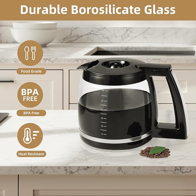 14-Cup Glass Coffee Carafe Replacement Compatible with Cuisinart Models DCC-3200P1, DCC- 3200, DCC-2200RC, Coffee Pot Replacement 14 Cup with Ergonomic Handle and Dripless Spout