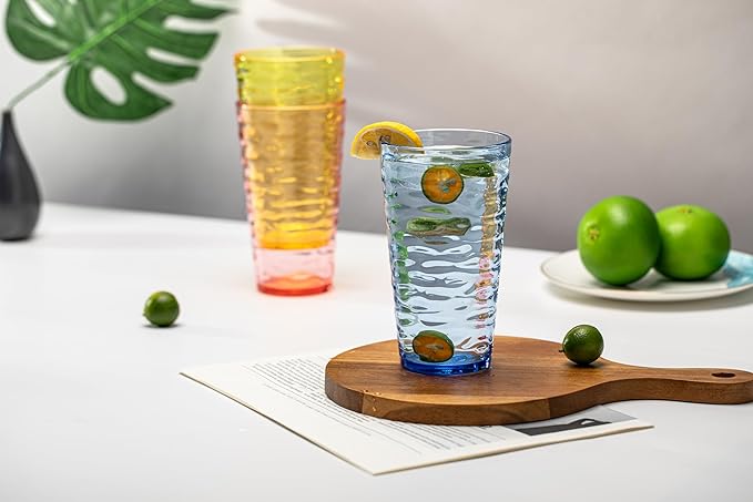 20-ounce Plastic Tumblers, Acrylic Drinking Glasses High-Balls, set of 6 Blue Reusable Plastic Cups, Stackable, BPA-Free, Shatter-Proof, Dishwasher-Safe