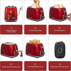 Roter Mond 2 Slice Toaster Retro Stainless Steel with Bagel, Cancel, and Defrost Functions, 6 Bread Shade Settings, Extra Wide Slots and Removable Crumb Tray, Red