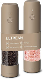 Ultrean Electric Pepper Grinder, Rechargeable Salt and Pepper Grinder with 6 Adjustable Coarseness, LED Light, One-Hand Automatic Operation, Brown