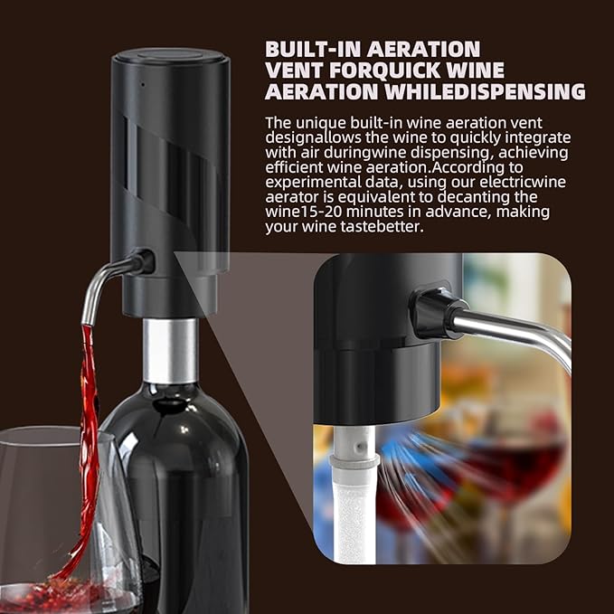 Wine Aerator Electric Wine Decanter Automatic Wine Aerator, Wine Dispenser Wine pourer with USB Rechargeable,Wine Lover for women&Men(Black-ABS)